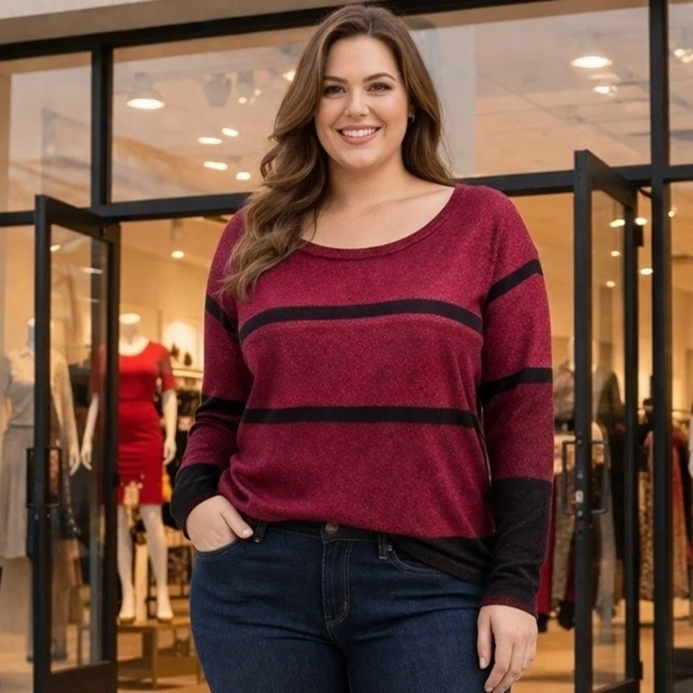 Venus Womens 2X Metallic Sparkle Striped Sweater Burgundy‎ Black Scoop Neck Knit